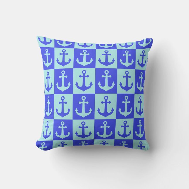 Chequered Ship Anchor Pattern - Ocean Blue Tones Cushion (Front)
