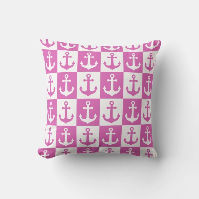 Chequered Ship Anchor Pattern - Pink and White Cushion (Front)