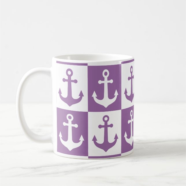 Chequered Ship Anchor Pattern - Purple and White  Coffee Mug (Left)