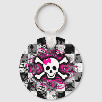 Chequered Skull With Hot Pink Splatter Key Ring