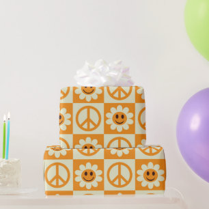 Chequered Smiling Flowers and Orange Peace Signs Wrapping Paper