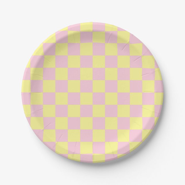 Chequered Soft Pink and Yellow Paper Plate (Front)