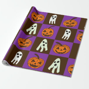 Chequered Spooky Halloween Pumpkins and Ghosts Wrapping Paper