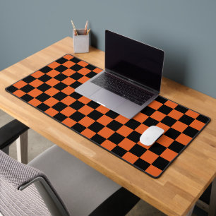 Chequered squares Black and Orange geometric retro Desk Mat