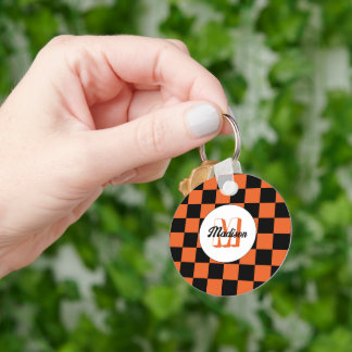 Chequered squares black and orange retro Monogram Key Ring