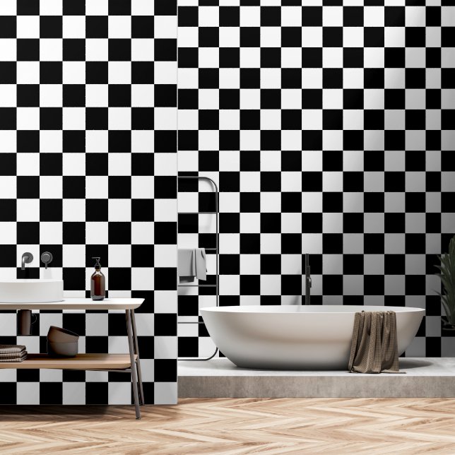 Chequered squares black and white geometric retro wallpaper (Bathroom)