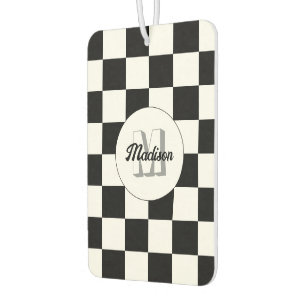 Chequered squares black and white retro Monogram Car Air Freshener
