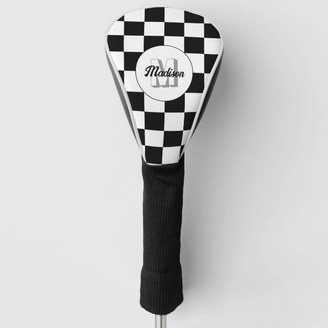 Chequered squares black and white retro Monogram Golf Head Cover (Front)