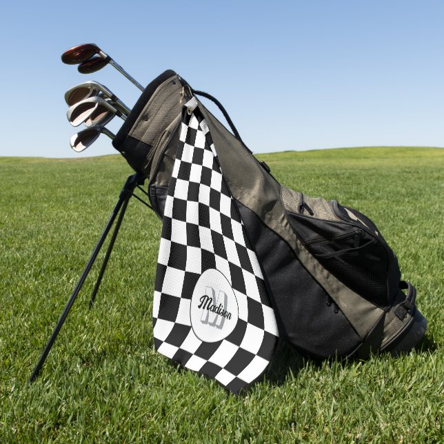 Chequered squares black and white retro Monogram Golf Towel (Green)