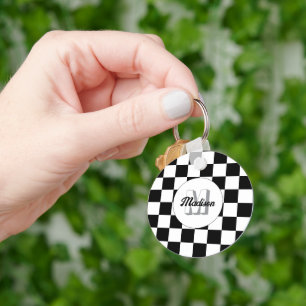Chequered squares black and white retro Monogram Key Ring