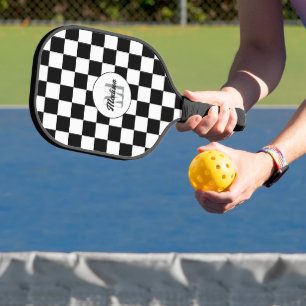 Chequered squares black and white retro Monogram Pickleball Paddle
