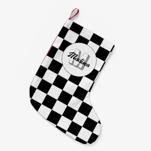 Chequered squares black and white retro Monogram Small Christmas Stocking