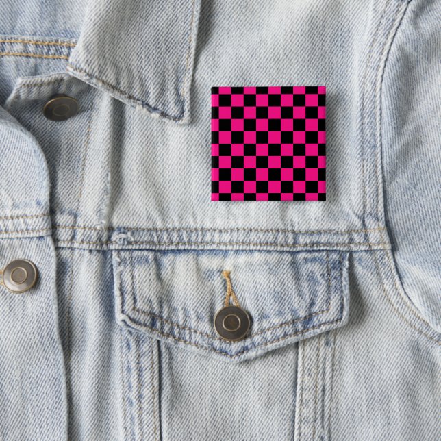 Chequered squares hot pink black geometric retro 15 cm square badge (In Situ)