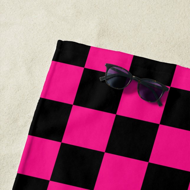 Chequered squares hot pink black geometric retro beach towel (In Situ)