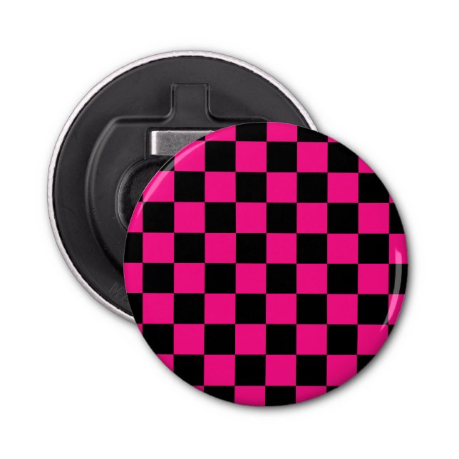 Chequered squares hot pink black geometric retro bottle opener (Front)