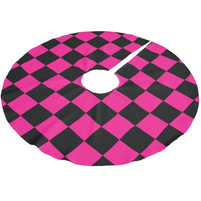 Chequered squares hot pink black geometric retro brushed polyester tree skirt (Angled)