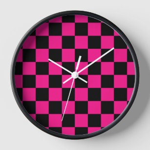 Chequered squares hot pink black geometric retro clock