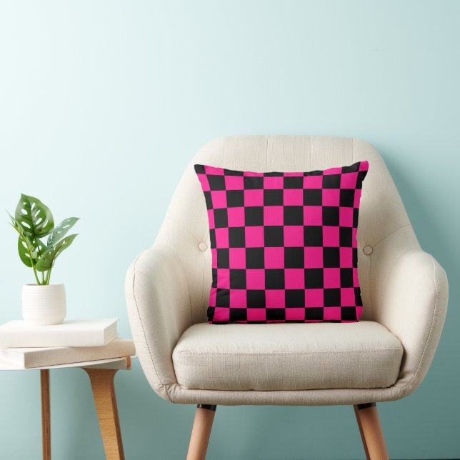 Chequered squares hot pink black geometric retro cushion (Chair)