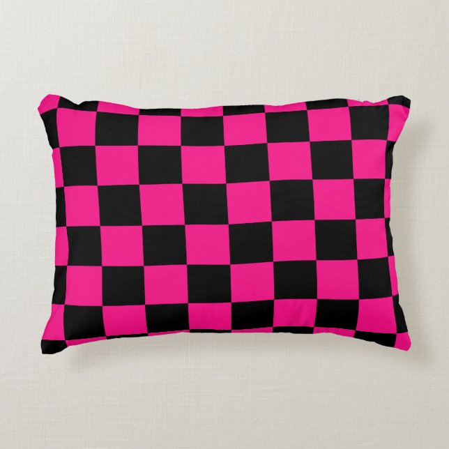Chequered squares hot pink black geometric retro decorative cushion (Front)