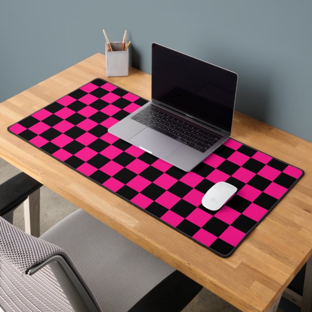 Chequered squares hot pink black geometric retro desk mat (Office 2)