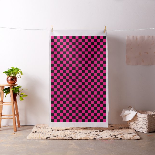 Chequered squares hot pink black geometric retro fabric (In Situ)