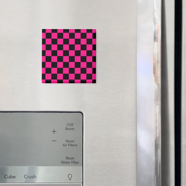 Chequered squares hot pink black geometric retro magnet (In Situ (Fridge))