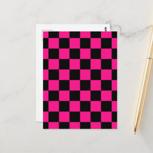 Chequered squares hot pink black geometric retro postcard