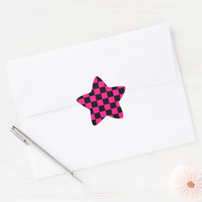 Chequered squares hot pink black geometric retro star sticker (Envelope)