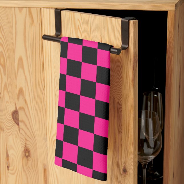 Chequered squares hot pink black geometric retro tea towel (Thirds Fold)