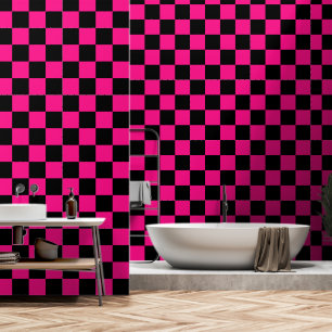 Chequered squares hot pink black geometric retro wallpaper
