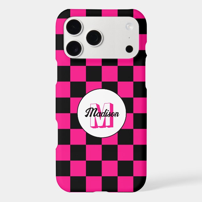 Chequered squares hot pink black retro Monogram (Back)