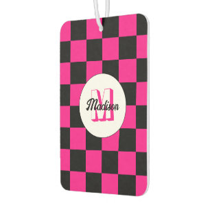 Chequered squares hot pink black retro Monogram Car Air Freshener