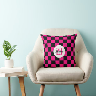 Chequered squares hot pink black retro Monogram Cushion