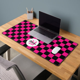 Chequered squares hot pink black retro Monogram  Desk Mat