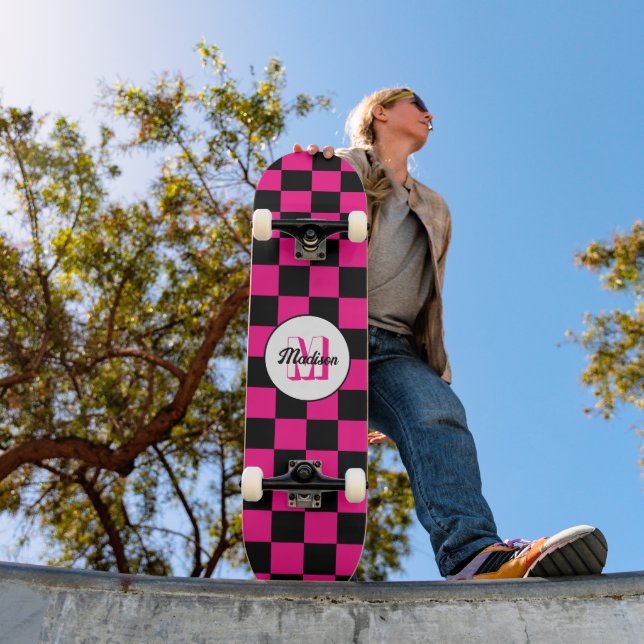 Chequered squares hot pink black retro Monogram Skateboard (Outdoor 1)