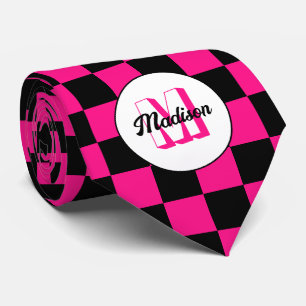 Chequered squares hot pink black retro Monogram Tie