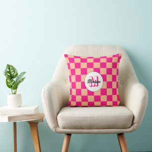 Chequered squares hot pink peach retro Monogram Cushion