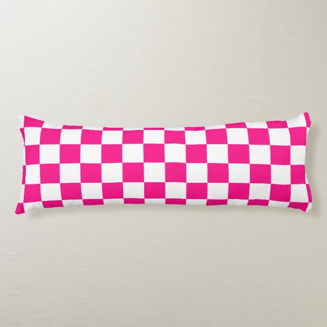 Chequered squares hot pink white geometric retro body cushion (Front)