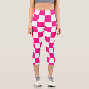 Chequered squares hot pink white geometric retro capri leggings
