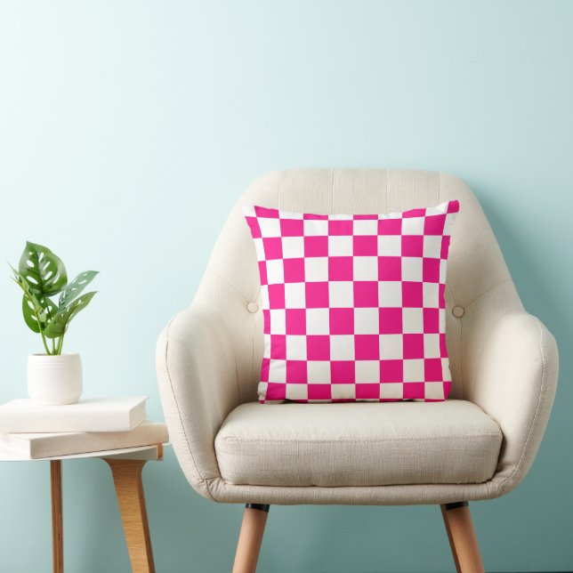 Chequered squares hot pink white geometric retro cushion (Chair)