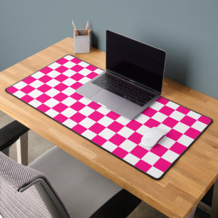 Chequered squares hot pink white geometric retro desk mat