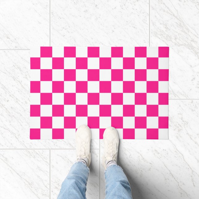 Chequered squares hot pink white geometric retro doormat (Indoor)