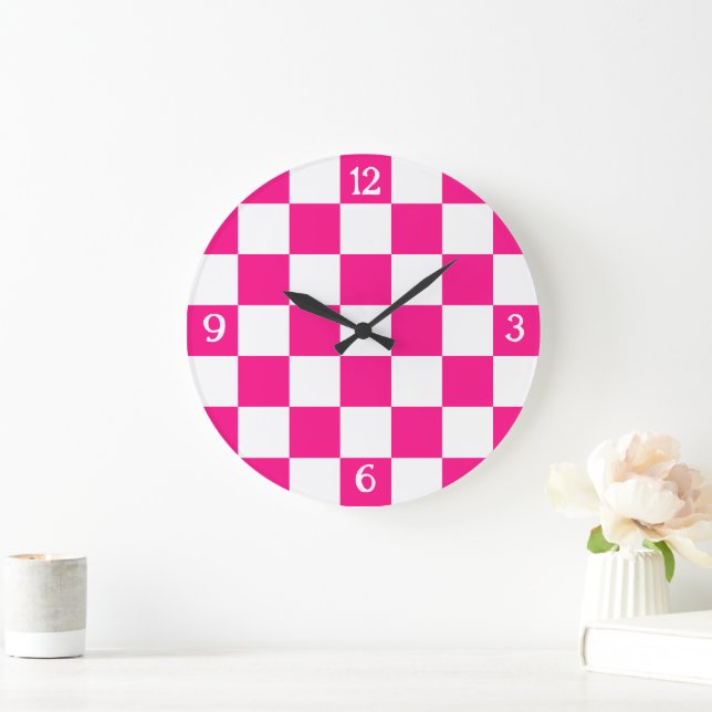 Chequered squares hot pink white geometric retro large clock (Home)