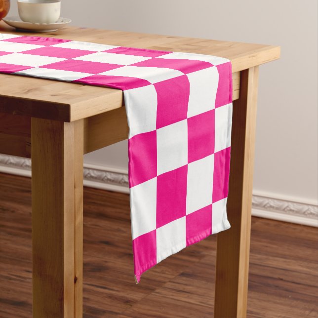 Chequered squares hot pink white geometric retro long table runner (In Situ)