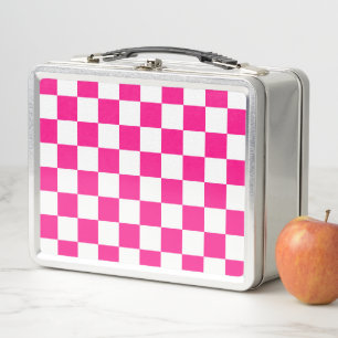 Chequered squares hot pink white geometric retro metal lunch box