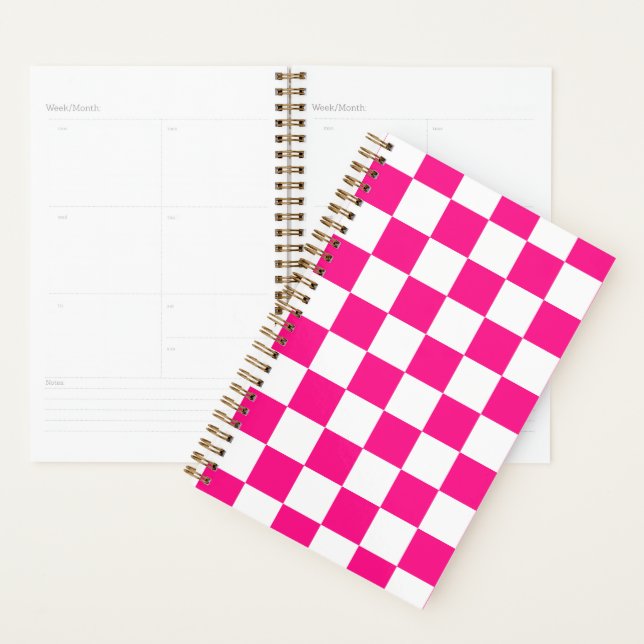 Chequered squares hot pink white geometric retro planner (Display)
