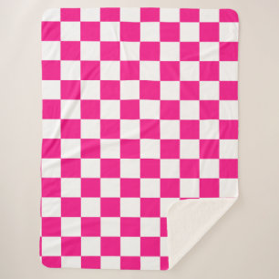 Chequered squares hot pink white geometric retro sherpa blanket