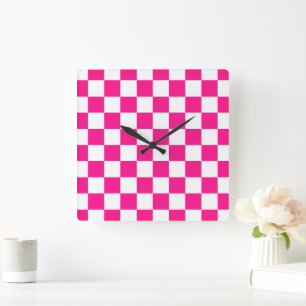 Chequered squares hot pink white geometric retro square wall clock