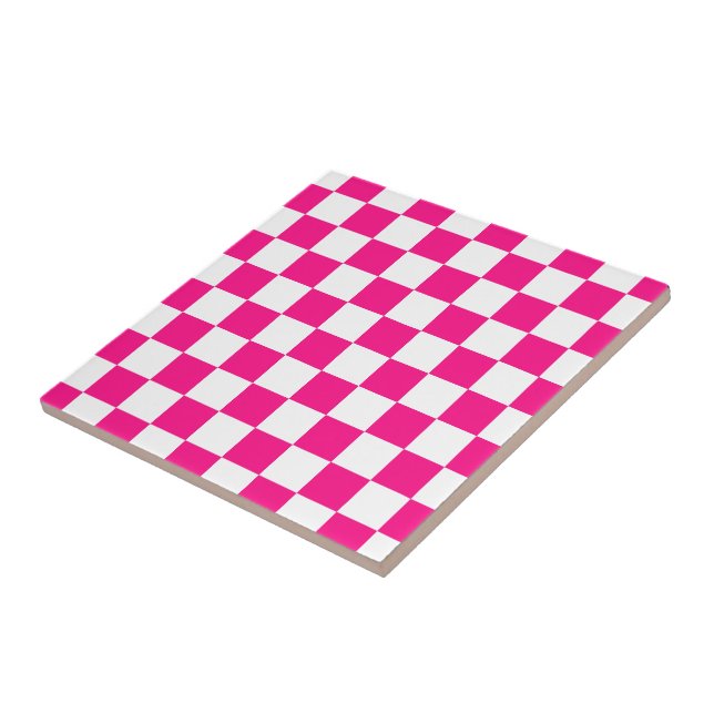 Chequered squares hot pink white geometric retro tile (Side)