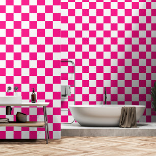 Chequered squares hot pink white geometric retro wallpaper